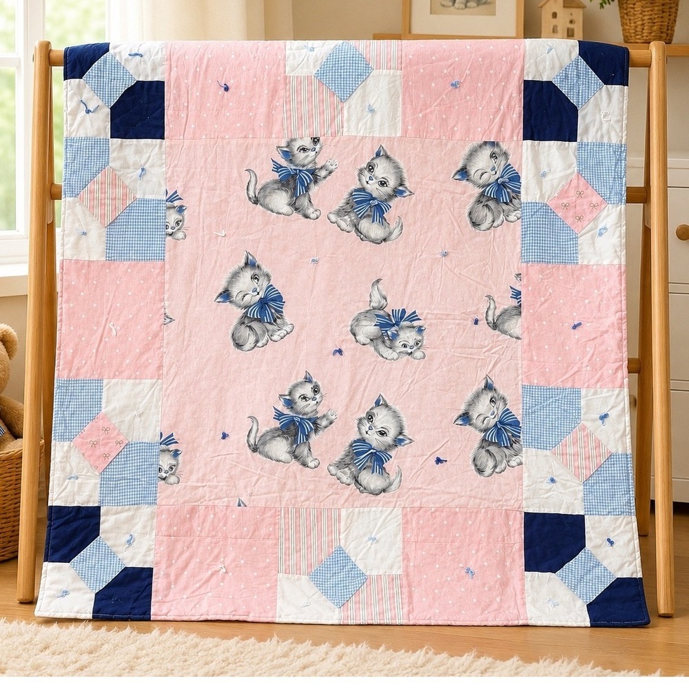 Handmade 40x40  Patchwork Baby Quilt Pink Blue Kitten Gingham Nursery Blanket